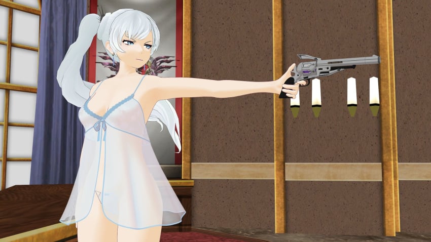 3d babydoll casual casual_underwear clothing female firearm handgun human lingerie nightgown pale_skin revolver rwby theblackbirdcalls underwear weapon weiss_schnee white_hair