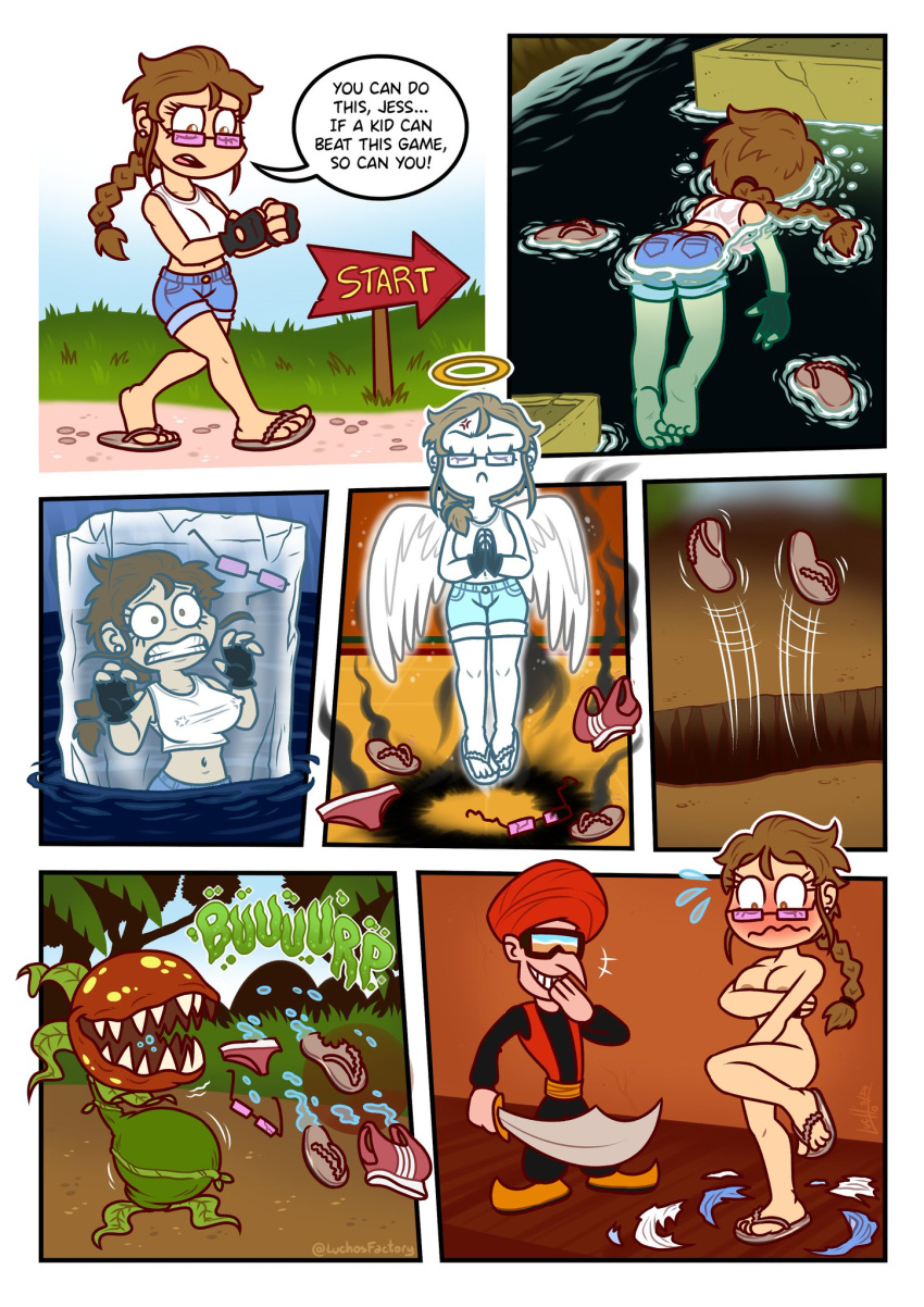 1girls ass breasts clothing covering crash_(series) crash_bandicoot:_warped crash_bandicoot_2:_cortex_strikes_back death embarrassed female female_death human lab_assistant_(crash_series) luchosfactory man-eating_plant_(crash_series) nude pale_skin torn_clothes