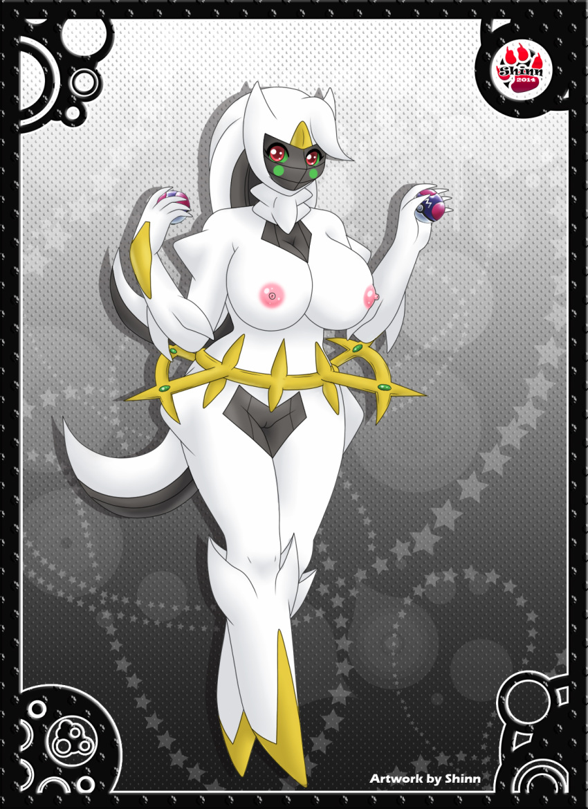 2014 anthro anthrofied arceus areola big_breasts breasts female hi_res holding holding_pokeball looking_at_viewer master_ball nintendo nipples nude pink_nipples poke_ball pokemon pokemorph pussy red_eyes shinn solo standing