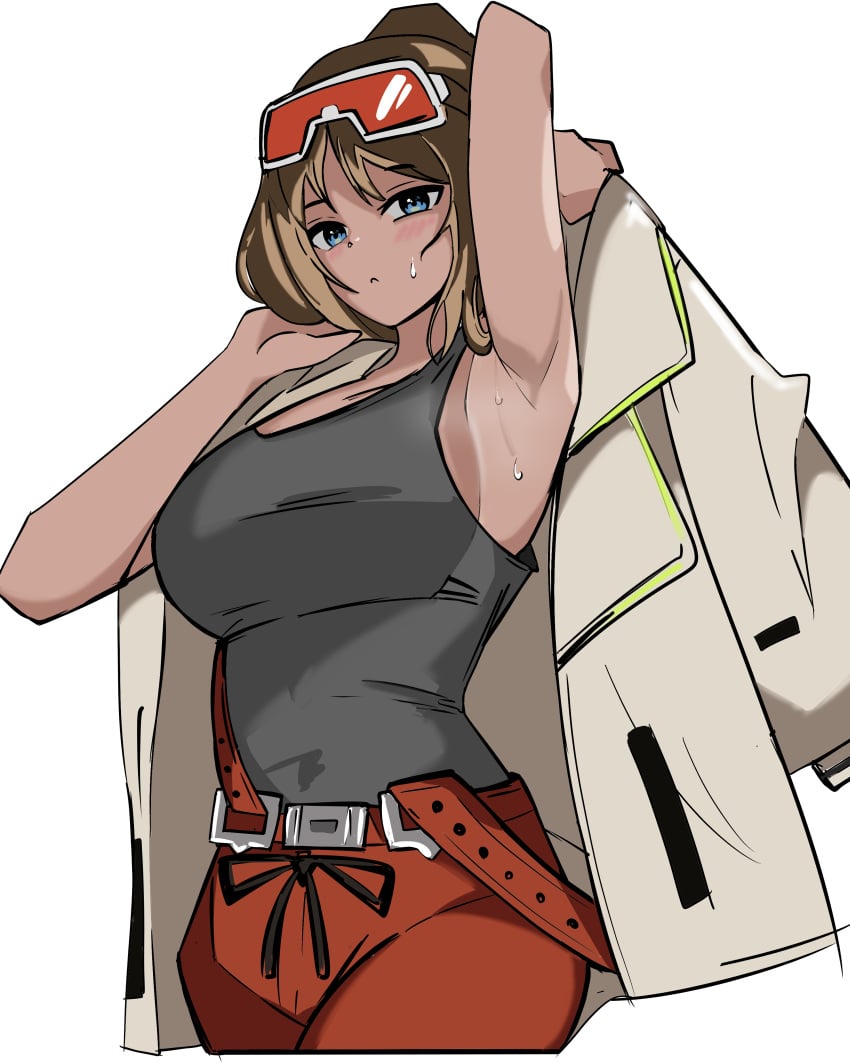 1girls armpits big_breasts blue_eyes blush brown_hair clothing dark-skinned_female dark_skin female female_focus female_only goggles_on_head hair_bun limbus_company long_hair looking_at_viewer looking_down project_moon ran_(limbus_company) standing sweat sweatdrop tank_top tied_hair