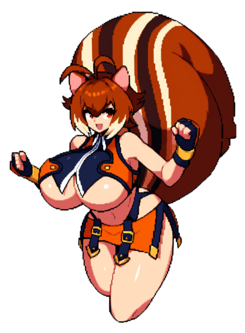 1girls ai_generated animal_ears blazblue brunette_hair bulging_breasts bursting_breasts cleavage clothed_female crop_top curvaceous curvy_figure gigantic_breasts hourglass_figure legs makoto_nanaya massive_breasts miniskirt pixel_art rendered round_breasts smile solo squirrel_tail thick_thighs thin_waist transparent_background underboob voluptuous white_outline wide_hips