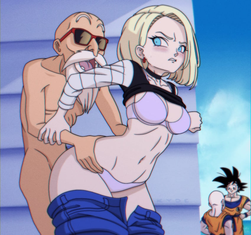 1boy 1girls age_difference android android_18 angry animated bald blonde_hair blue_eyes blush bob_cut bouncing_breasts bra breasts cheating clenched_teeth clothed clothed_female_nude_male clothed_sex clothing doggy_style dragon_ball dragon_ball_z dubious_consent earrings female from_behind hip_grab hips krillin kuririn kyde legs_together male master_roshi matching_underwear muten_roushi netorare older_male older_penetrating_younger outdoors outside panties pants pants_down penetration pink_bra pink_panties rape resisting shirt shirt_lift short_hair son_goku standing standing_sex stealth_sex sweat sweatdrop underwear vaginal_penetration wide_hips younger_female