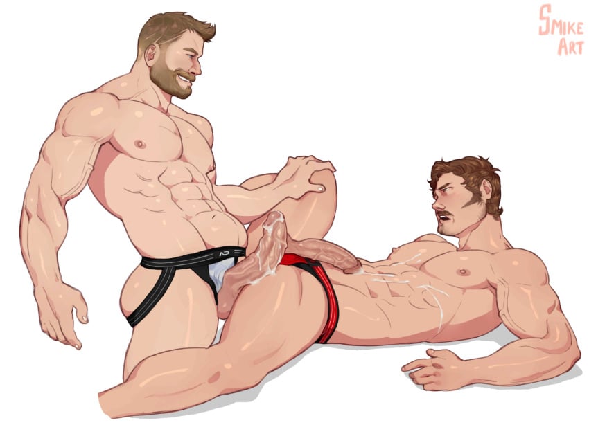 2boys big_butt big_penis bubble_ass bubble_butt gay gay_sex jockstrap male male/male male_only marvel marvel_cinematic_universe marvel_comics muscular muscular_male peter_quill smikeart starlord thor_(marvel) white_background