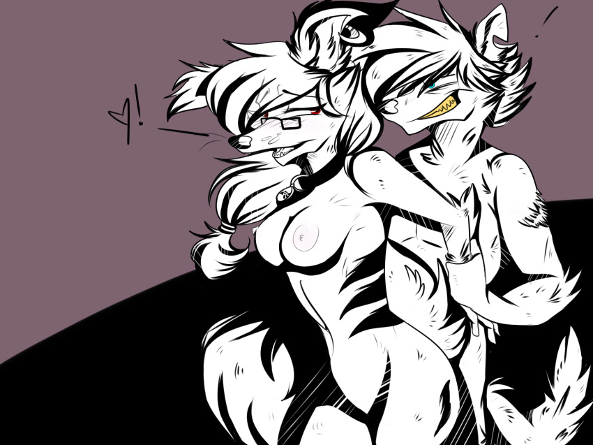 1boy 1girls anthro breasts canine collar eyewear female fox fur furry glasses hair jen male mammal nipples piercing straight tag wolf