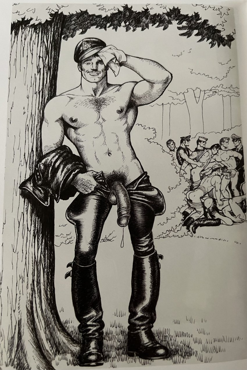 anal_penetration anal_sex big_penis blowjob fellatio gangbang gay leather_clothing public smile suit_and_tie tom_of_finland traditional_media_(artwork) unzipped_pants wiping_sweat