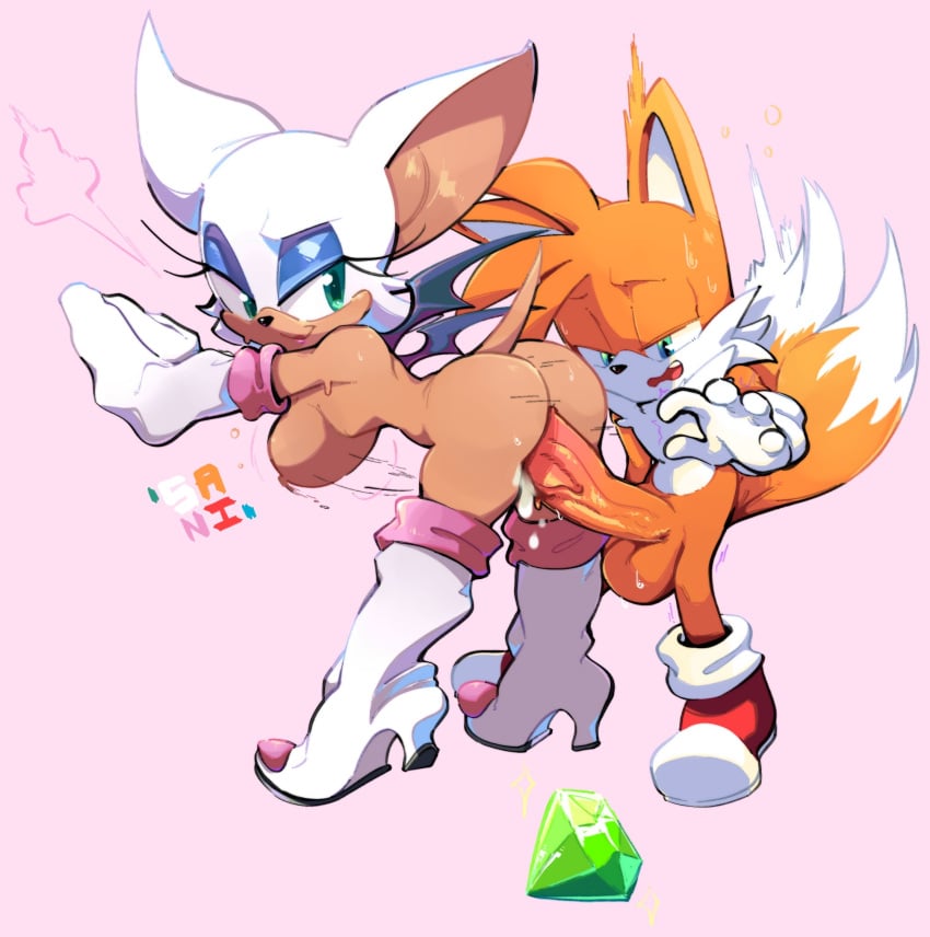 1boy 1girls female female_focus furry green_eyes kinksani rouge_the_bat sanikink_(artist) sega size_difference sonic_(series) sonic_the_hedgehog_(series) tails tails_the_fox white_fur white_hair yellow_body yellow_fur yellow_hair yellow_skin young younger_male younger_penetrating_older