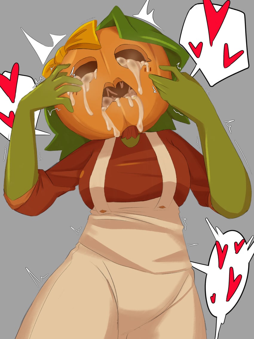 confusedsabron cum_in_container cum_in_eye cum_in_head cum_in_mouth cum_pool excessive_cum green_hair jacqueline_(monster_prom) monster_camp monster_prom overalls pumpkin pumpkin_head