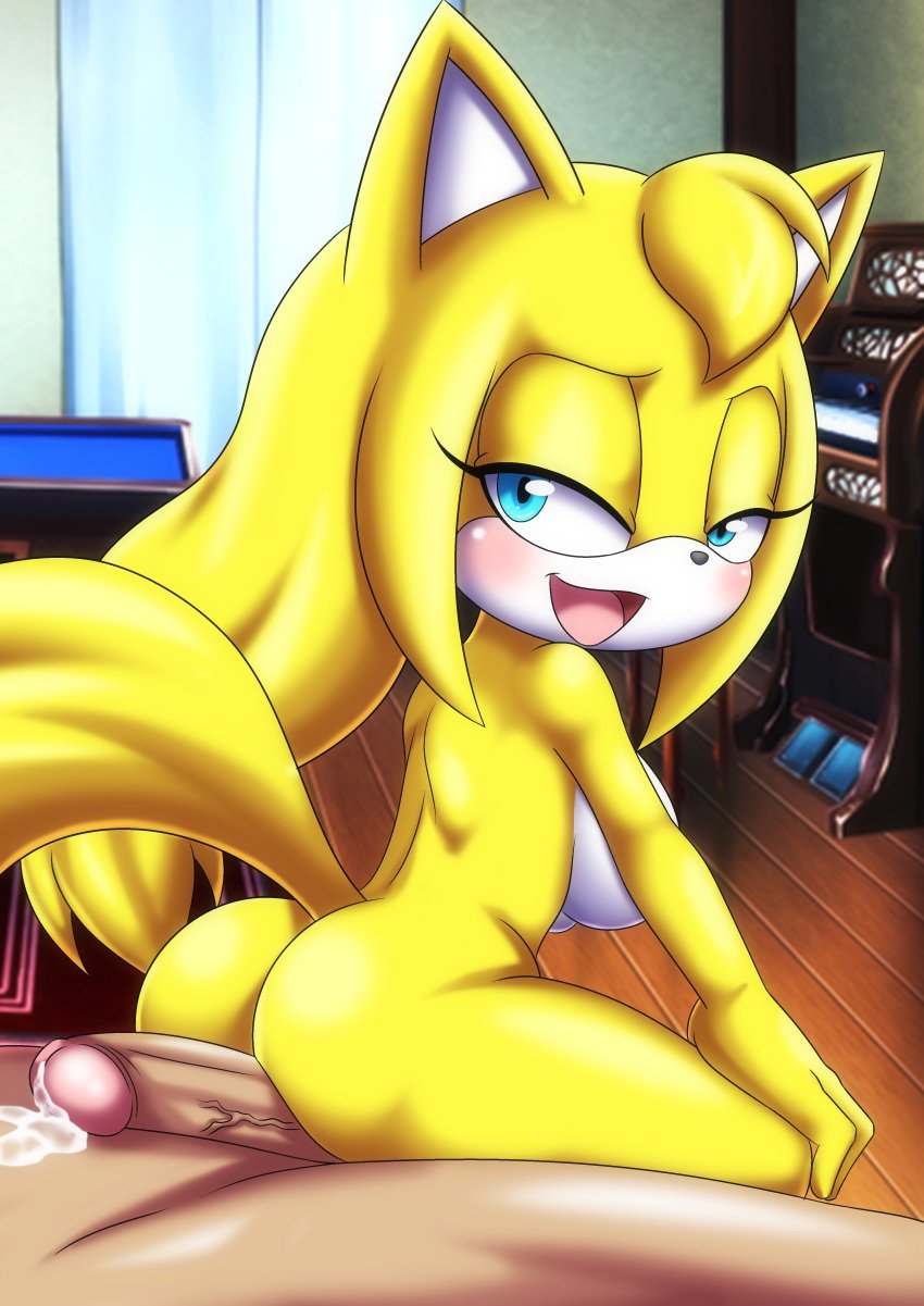 1boy 1girls anthro ass bbmbbf blush breasts canine cum female fox hi_res human human_on_anthro male male/female male_human/female_anthro male_on_anthro mobian_(species) mobius_unleashed nude open_mouth palcomix partial_male penis sega sex sonic_(series) sonic_boom sonic_the_hedgehog_(series) tongue zooey_the_fox