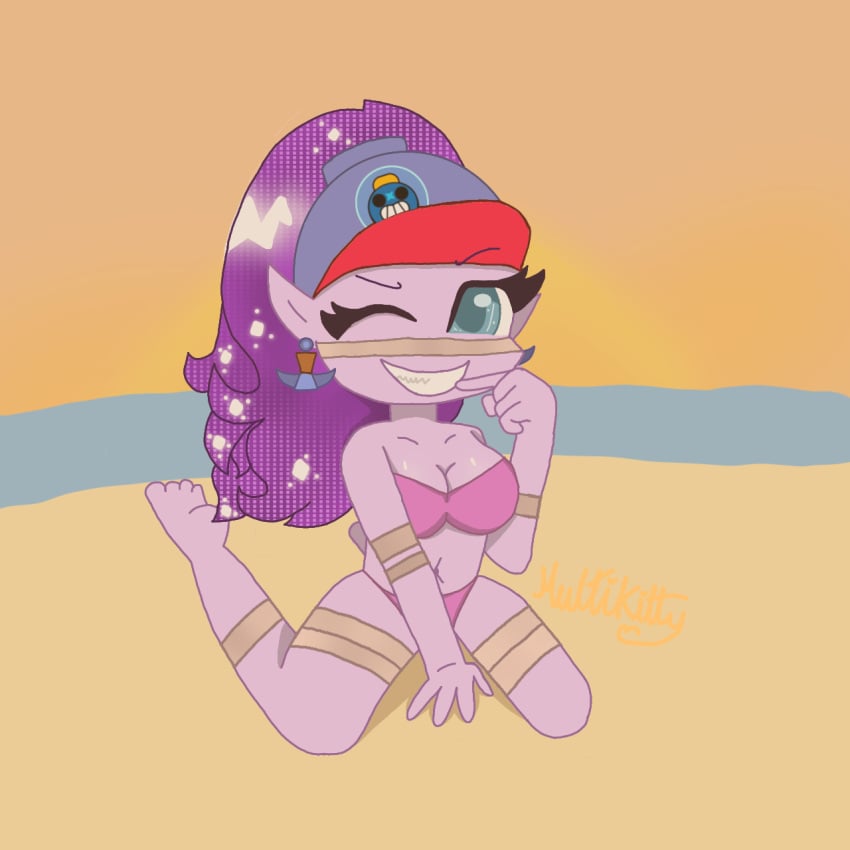 1girls beach beach_towel bikini blue_eyes brawl_stars cap emz_(brawl_stars) hat multikitty pink_bikini pink_bra pink_panties purple_body purple_hair sunset