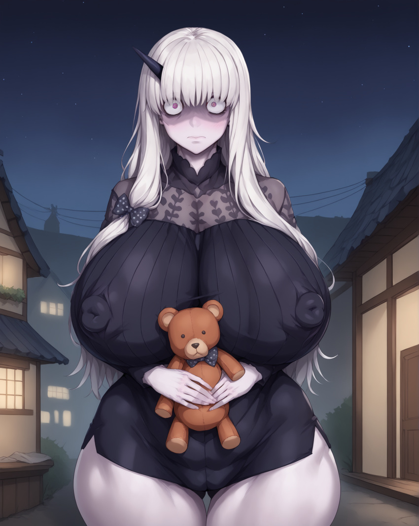 aged_up ai_generated albino bags_under_eyes bangs bangs_over_eyes black_dress blush cowboy_shot embarrassed erect_nipples fate/grand_order fate_(series) female gigantic_breasts hairbow holding_stuffed_toy huge_areolae huge_ass huge_nipples hugging_stuffed_animal kunaboto_(style) lavinia_whateley_(fate/grand_order) light long_hair night pale_skin polka_dot_bow purple_blush purple_eyes shaded_face short_dress sidelocks single_horn solo standing stuffed_animal teddy_bear thick_thighs village white_hair wide_eyed wide_hips