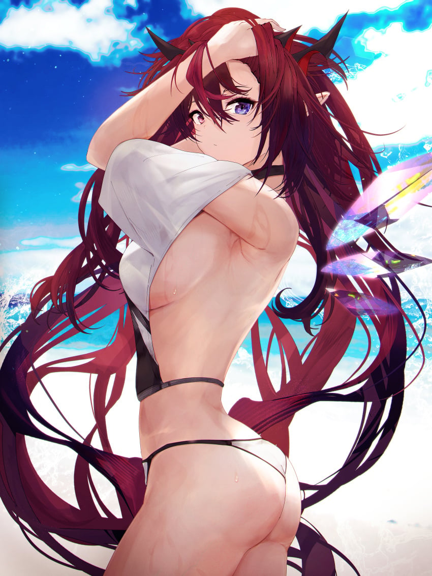 1girls 2d armpits arms_up ass backless_outfit bare_back bare_shoulders beach breasts choker clothing digital_drawing_(artwork) female female_focus female_only getto_(ifphilo) hair heterochromia hololive hololive_english hololive_english_-promise- horns irys irys_(hololive) legs light_skin long_hair looking_at_viewer midriff open_eyes panties red_hair shirt side_view sideboob solo standing sweat thin_waist virtual_youtuber wet