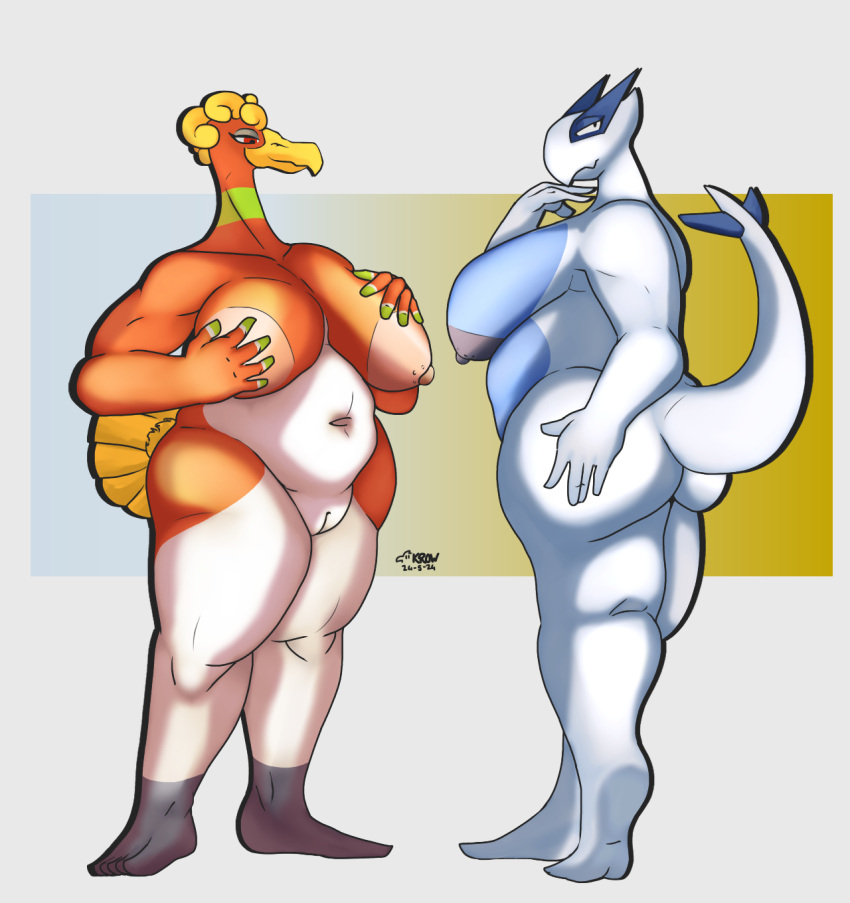 anthro areola ass belly big_areola big_breasts big_butt breasts deep_navel duo feet female generation_2_pokemon genitals hand_on_breast hand_on_butt hand_under_chin hi_res ho-oh huge_areola huge_breasts humanoid_feet innie_pussy krowbutt legendary_pokemon lugia mature_female montgomery_glands natural_breasts navel nintendo nipples nude overweight overweight_female plantigrade plump_labia pokemon pokemon_(species) pokemorph pussy raised_heel simple_background standing tail thick_thighs wide_hips