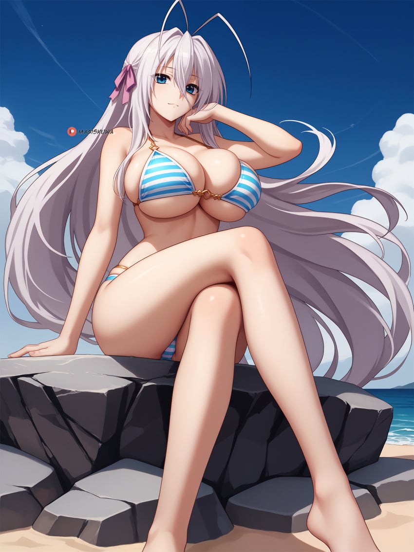 1girls ai_generated antenna_hair arm_support barefoot beach bikini blue_eyes blue_sky breasts cleavage cloud crossed_legs day female hair_between_eyes hair_ribbon high_school_dxd horizon huge_breasts large_breasts long_hair looking_at_viewer magiskuwa ocean outdoors ribbon rock rossweisse silver_hair sitting sky smile solo striped striped_bikini swimsuit very_long_hair water