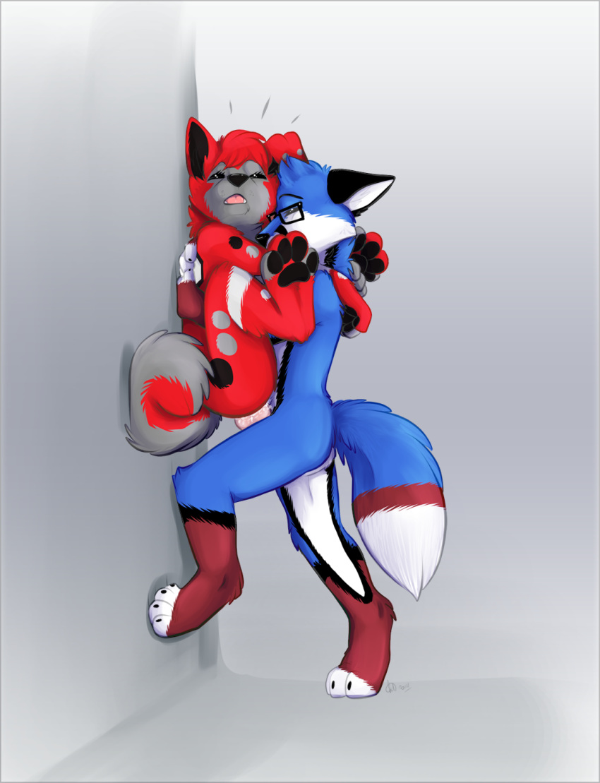 2014 against_wall animal_genitalia anthro blue_fur blue_hair canine canine canine_penis cum cum_in_pussy cum_inside duo eyewear female fox fur glasses grey_fur hair knot kwik legs_up male mammal nude penetration penis red_fur red_hair sex straight vaginal_penetration vaginal_penetration