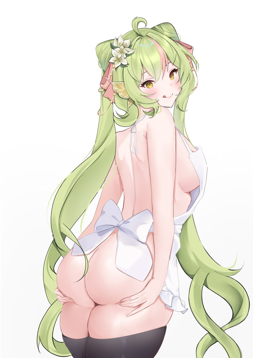 1girls absurd_res apron apron_only artist_request ass_focus back back_view big_breasts booty curvy female green_hair hair_ornament highres holding_ass inannabell licking_lips licking_own_lips sexually_suggestive sideboob solo solo_focus tagme thick thighhighs thighs yellow_eyes