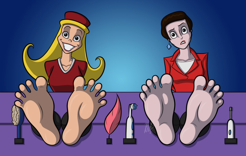 2girls araghenxd barefoot blonde_hair brown_hair earrings feet foot_fetish foot_focus lydia_karaoke miss_information multiple_girls soles stocks tickling tickling_feet ticklish toes warner_brothers