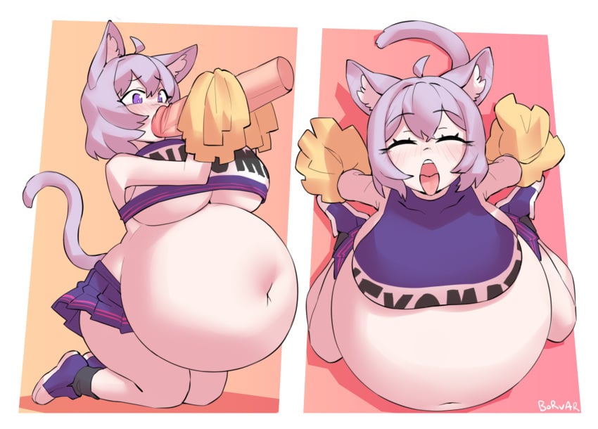 ahoge animal_humanoid belly big_belly big_breasts borvar bottomwear breasts cat_humanoid cheerleader_outfit closed_eyes clothing cumflation disembodied_penis duo felid felid_humanoid feline feline_humanoid fellatio female footwear genitals hair hi_res hololive huge_breasts human humanoid hyper_belly inflation kneeling male male/female mammal mammal_humanoid nekomata_okayu okayu_nekomata open_mouth oral penile penis penis_awe pom_poms purple_eyes purple_hair sex short_hair signature skirt tail teeth text tongue tongue_out topwear under_boob virtual_youtuber vtuber