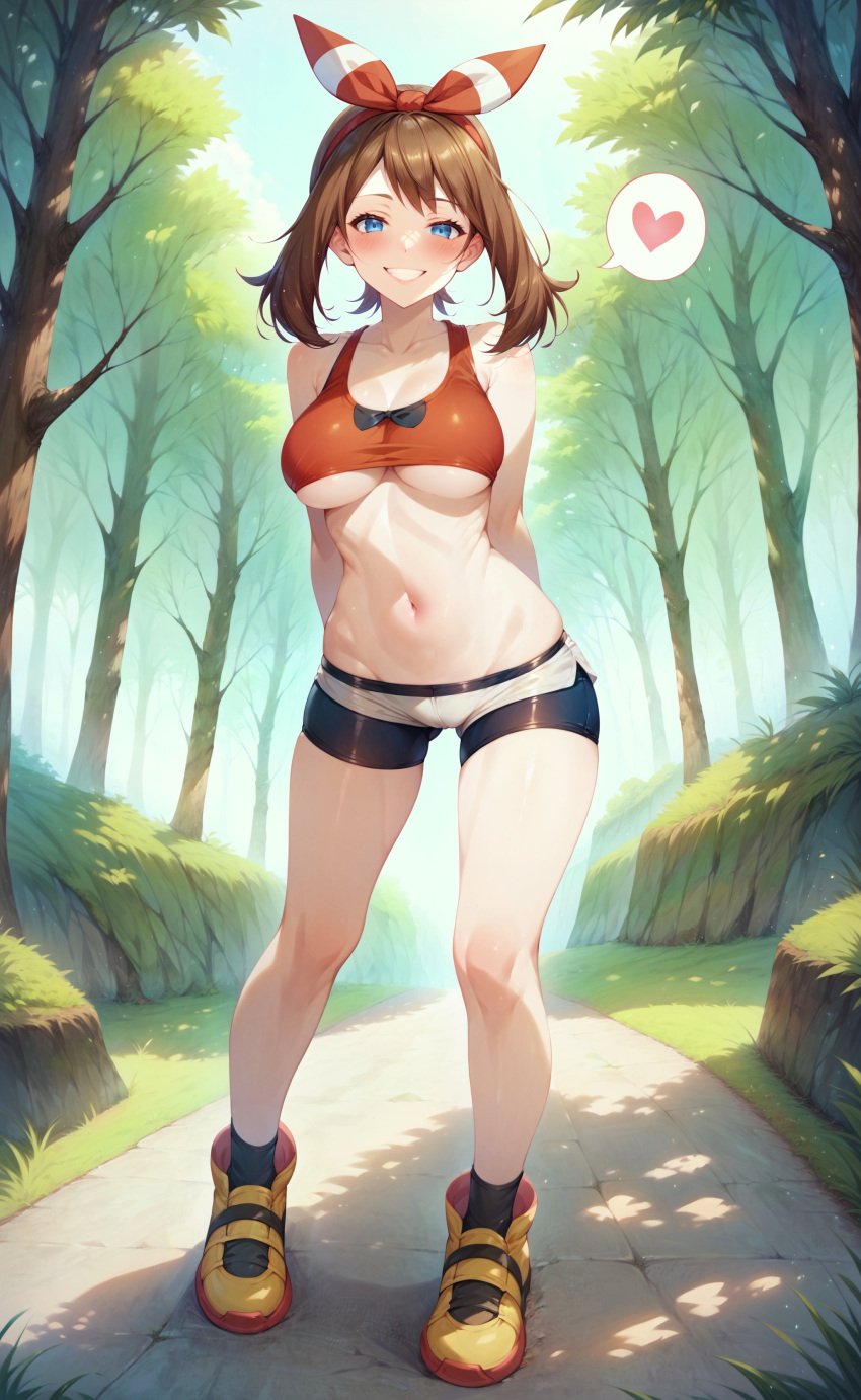 1girls adapted_costume ai_generated aimoonshine arms_behind_back bangs bare_shoulders bike_shorts black_socks blue_eyes blush bow_hairband breasts brown_hair collarbone day female female_only full_body grin hair_ribbon hairband heart large_breasts looking_at_viewer may_(pokemon) may_(pokemon_oras) medium_hair micro_shorts midriff navel nintendo outdoors pokemon pokemon_oras red_hairband ribbon shoes short_shorts shorts sleeveless smile socks solo spoken_heart standing stomach tree underboob white_shorts