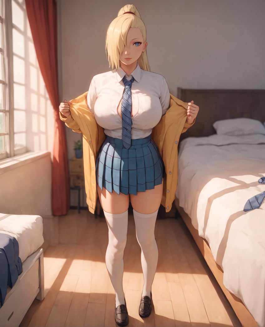 1girls ai_generated alex-schura bed bed_covers bedroom big_breasts black_shoes blonde_hair blue_eyes blue_necktie blue_skirt boruto:_naruto_next_generations breasts breasts_bigger_than_head button_gap center_opening checkered_skirt cleavage clothed clothed_female clothing coat day daytime elegant female female_only footwear front_view full_body hair_over_one_eye highleg highleg_skirt huge_breasts human indoors ino_yamanaka large_breasts legs legwear light-skinned_female light_skin long_hair long_legs looking_at_viewer nai_diffusion naruto naruto:_the_last naruto_(series) naruto_shippuden necktie necktie_between_breasts no_bra no_bra_under_clothes pale-skinned_female pale_skin pillow pleated_skirt presenting presenting_self red_curtains school_uniform schoolgirl shirt shoes skirt solo solo_focus stable_diffusion standing stockings sunny thighhighs thighs trenchcoat unbuttoned unbuttoned_shirt undressing very_long_hair white_legwear white_pillow white_shirt white_stockings window wooden_floor zettai_ryouiki