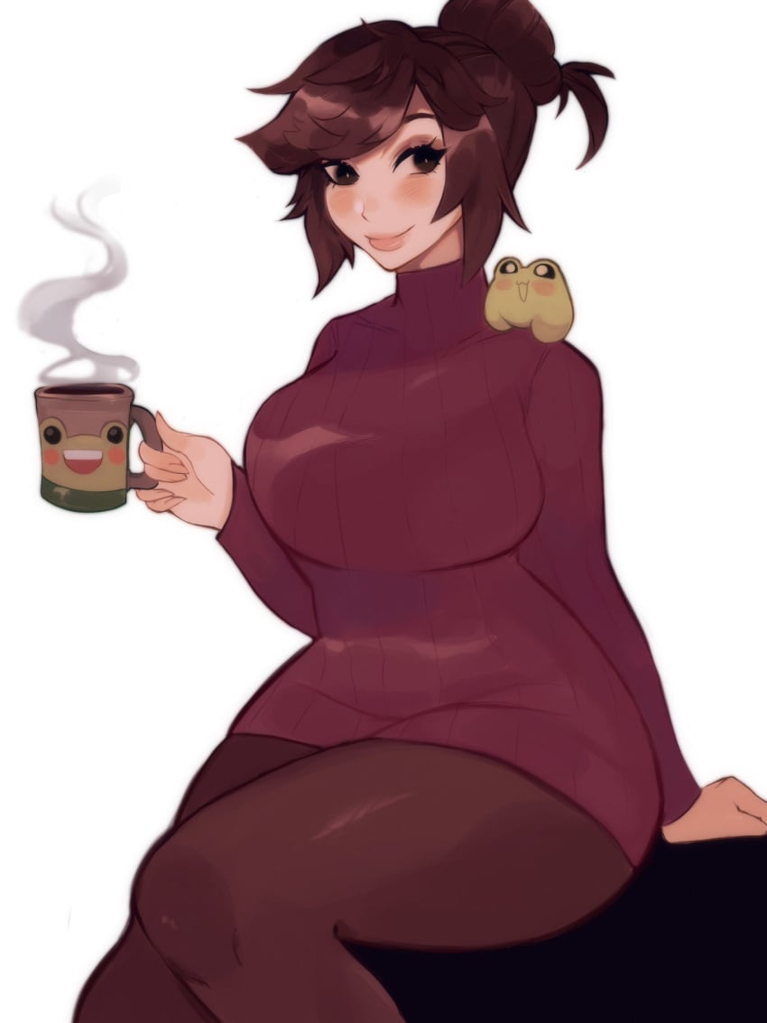 bethyva big_breasts black_legwear coffee coffee_mug crossed_legs original original_character red_dress runmarlyrun sitting thick_thighs virtual_youtuber vtuber