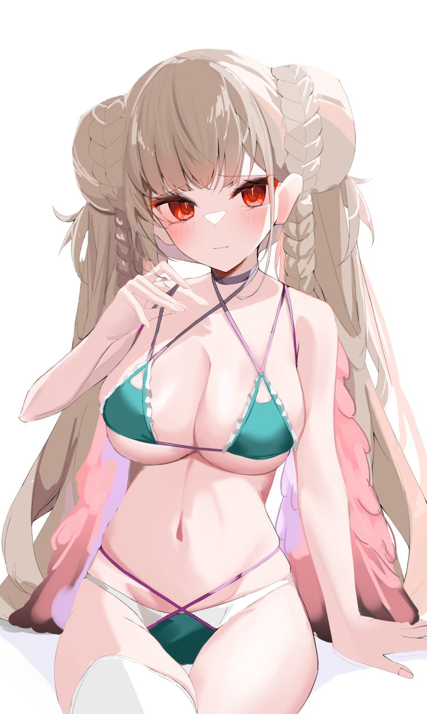 1girls arm_support armor azur_lane bare_arms bare_belly bare_chest bare_midriff bare_shoulders bare_skin bare_thighs big_bun bikini black_choker blue_bikini blush blush_lines blushing_female bra braid braided_bun braided_hair braided_twintails breasts brown_eyebrows brown_hair brown_hair_female choker closed_mouth double_bun embarrassed embarrassed_female eyebrows_visible_through_hair female formidable_(azur_lane) formidable_(the_lady_of_the_beach)_(azur_lane) general hair_bun hairbun halterneck hand_up large_breasts light-skinned_female light_brown_hair light_skin long_hair looking_at_viewer navel nephthys2356 official_alternate_costume red_eyes red_eyes_female royal_navy_(azur_lane) simple_background sitting sitting_down slender_body slender_waist slim_girl slim_waist solo stomach string_bikini swimsuit thighhighs thin_waist twintails twintails_(hairstyle) underwear very_long_hair white_background white_thighhighs