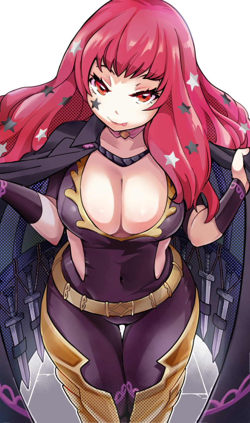 1girls :q absurdres belt black_cape bodysuit boots breasts cape cape_lift chest_strap choker cleavage closed_mouth clothing_cutout collarbone covered_navel dagger eyelashes facial_mark female female_only fire_emblem fire_emblem_engage gold_belt hair_ornament hatoboshi highres holding holding_cape holding_clothes knife large_breasts legs_together lifted_by_self lifting_own_clothes long_hair looking_at_viewer navel nintendo pink_choker pink_hair pink_lips purple_bodysuit red_eyes red_hair side_cutout simple_background smile solo spreading_cape standing star_(symbol) star_facial_mark star_hair_ornament thigh_gap tongue tongue_out weapon white_background yunaka_(fire_emblem)