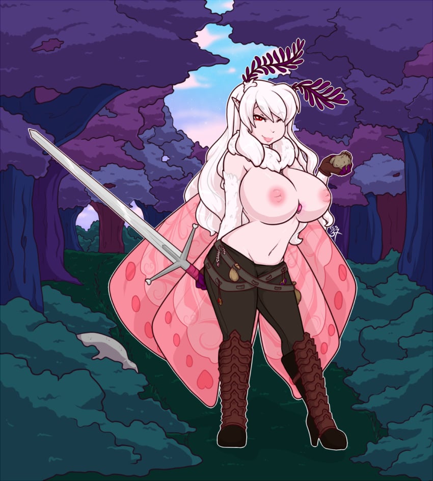 antennae anthro arthropod big_breasts breasts cheshirecatsmile37 chest_tuft clothed clothing fall_of_eden female fur gloves hair half-dressed insects inverted_nipples moth nipples one_eye_closed pointy_ears red_eyes solo sword topless tuft weapon white_hair wings