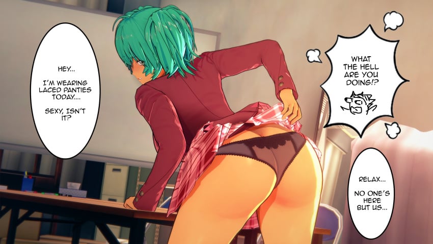 1girls ass black_panties blush dark-skinned_female green_hair koikatsu looking_at_viewer looking_back ryofu_housen skirt_lift student whitehe-arts