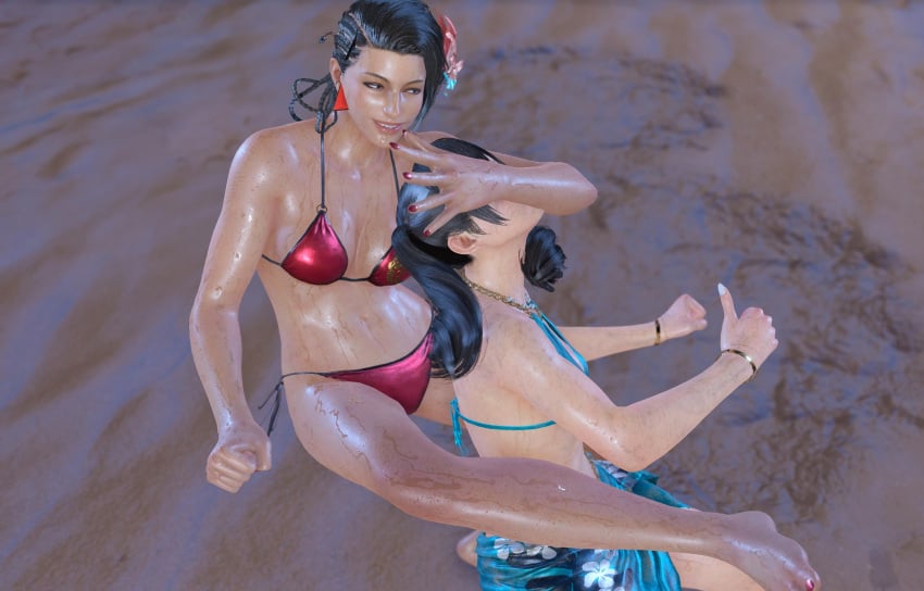 azucena_milagros_ortiz_castillo bandai_namco beach bikini black_hair brown_hair covering_face dominant dominant_female female female_focus female_human female_on_top female_only femdom femsub fighting_game interracial island light-skinned_female light_skin ling_xiaoyu mma namco night no_visible_genitalia petite resort ryona sand scantily_clad secretly_loves_it skimpy_clothes submissive_female swimsuit tan-skinned_female tan_skin tekken tekken_8 thumbs_up wet wet_body yuri