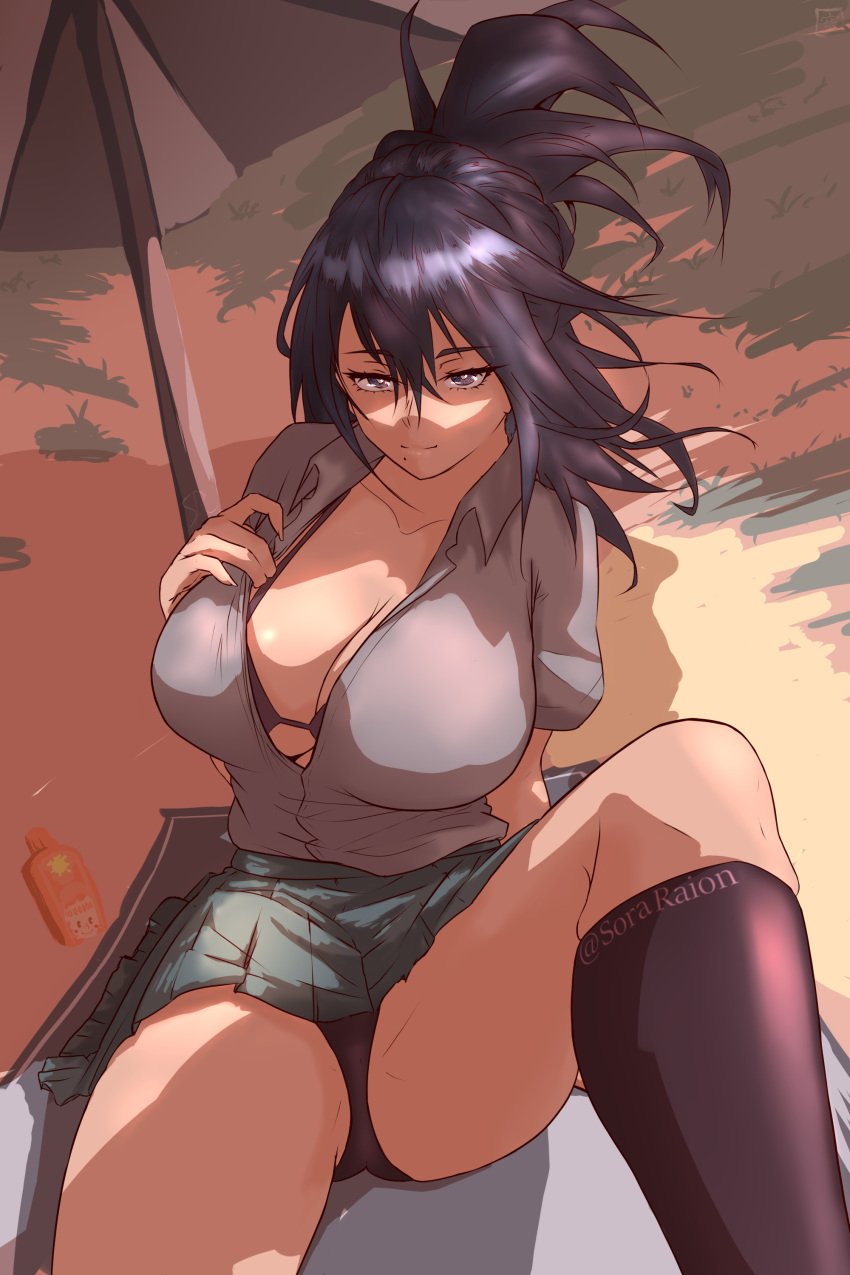 1girls ass_visible_through_thighs beach big_breasts bikini bikini_under_clothes black_bikini black_eyes black_hair black_thighhighs breasts cleavage closed_mouth collarbone long_hair mature_female milf mole mole_under_mouth my_hero_academia nana_shimura outdoors ponytail sitting skirt smile sora_raion spread_legs thighhighs thighs unbuttoned_shirt undressing