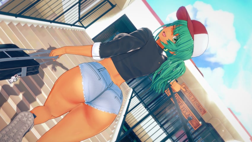 1girls ass dark-skinned_female green_eyes green_hair koikatsu_(medium) looking_at_viewer looking_back ryofu_housen shorts smile whitehe-arts wink