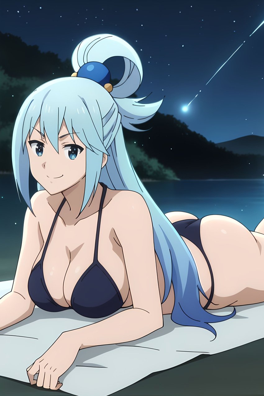 ai_generated aqua bikini breasts female girl konosuba lake night pinku pinku.ai pinkuai