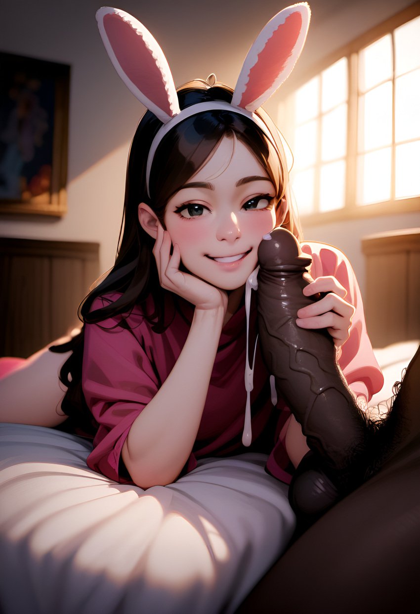 ai_generated brown_hair bunny_ears cock_worship cum cum_drip dark-skinned_male gravity_falls holding_penis interracial light-skinned_female looking_at_viewer mabel_pines naughty_face sucking_penis