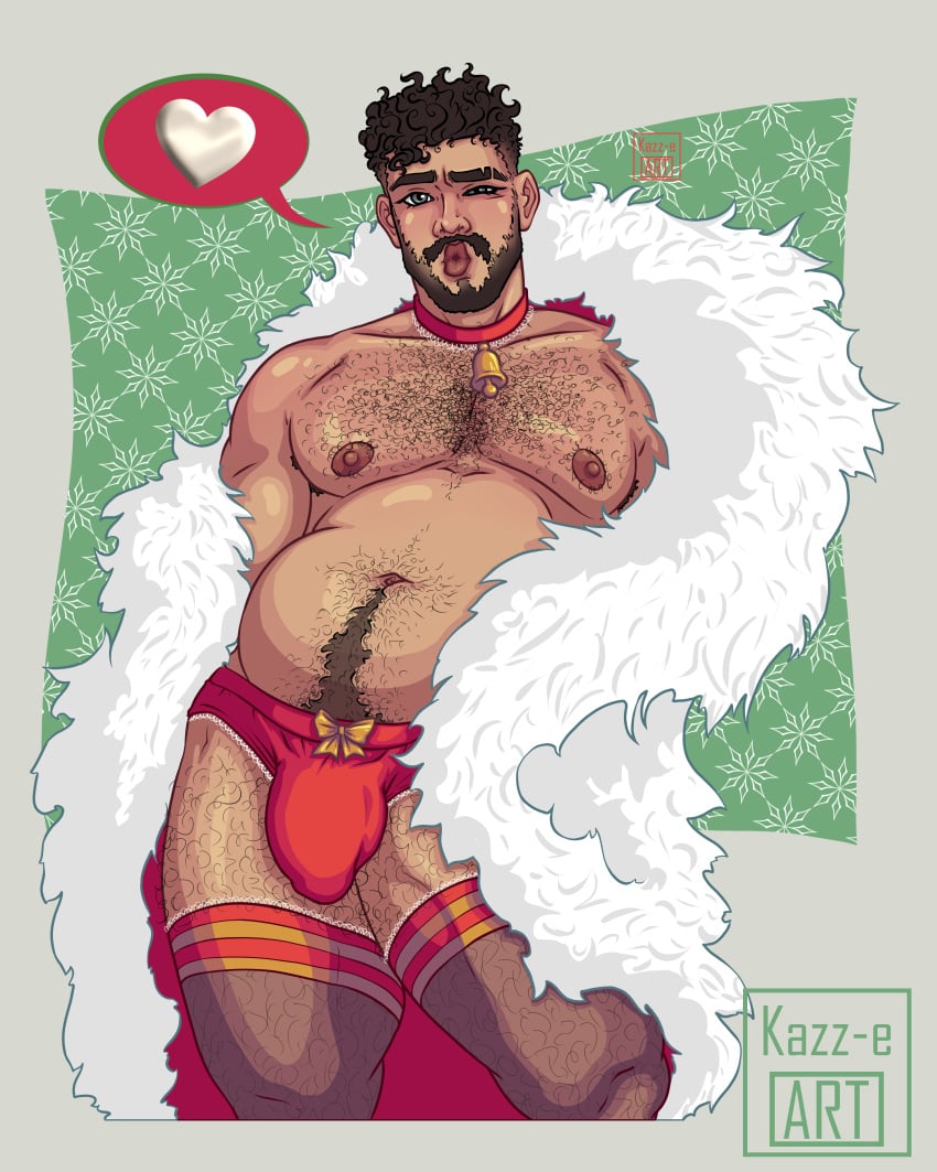 1boy 1male angel_(kazz-e_art) ass beard big_belly bulge coat hairy hairy_male kazz-e_art latino latino_male lingerie male male_lingerie male_only pecs pin_up pubic_hair teasing text_bubble thick thick_thighs xmas