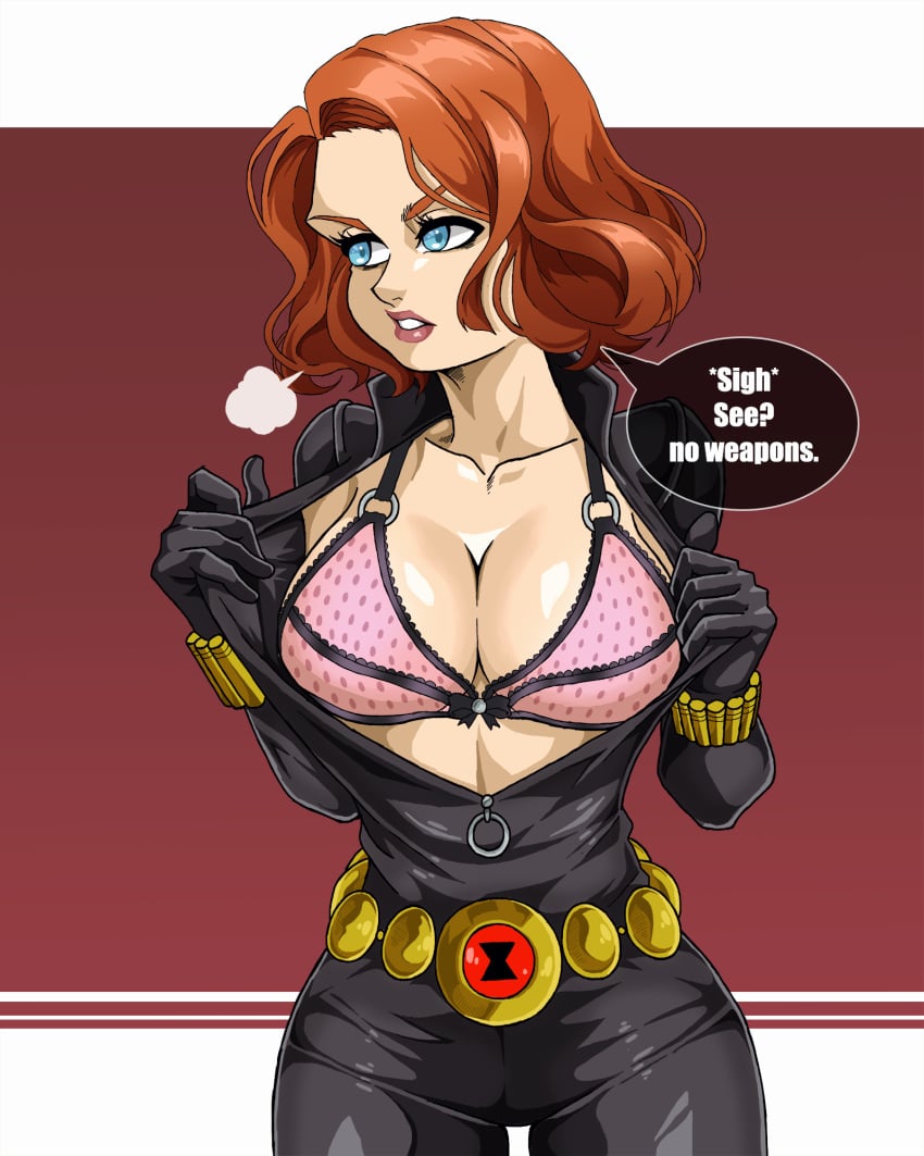 big_breasts black_bodysuit black_widow_(marvel) blue_eyes bodysuit breasts cleavage curvy curvy_figure female female_focus female_only large_breasts lingerie marvel marvel_comics natasha_romanoff pale-skinned_female pale_skin red_hair schlumper short_hair showing_breasts skin_tight undressing