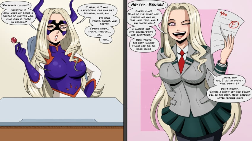 arrogant before_and_after bimbo bimbofication blonde_hair brainwashing corruption dialogue dumb femsub happy_sub heroine hourglass_figure hypnosis iq_loss lollipop mature_female mind_control my_hero_academia naughty_face pantyhose pink_eyes polmanning red_eyes school_uniform silly skintight skirt slut smile smug takeyama_yuu text white_hair whore wink yuu_takeyama