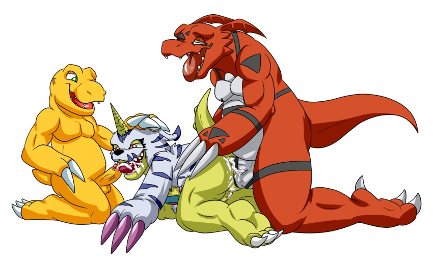 agumon anal anal_sex anthro balls bandai cum cum_inside darthglacier digimon dinosaur dragon erection fellatio gabumon group group_sex guilmon male male_only multiple_males oral penetration penis scalie sex threesome yaoi