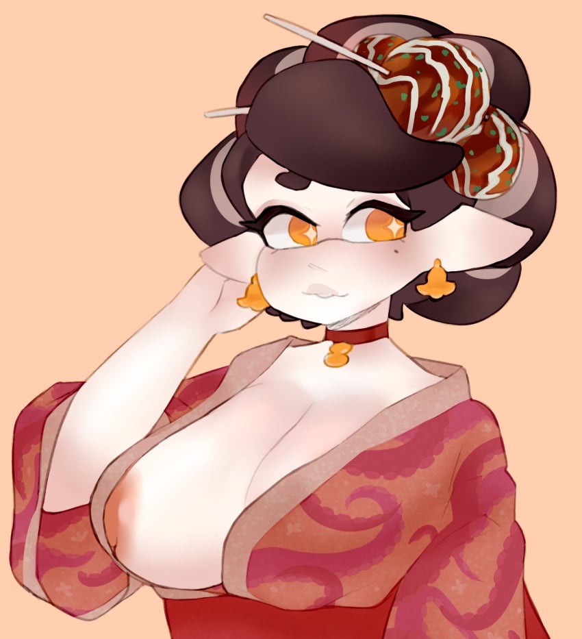 1girls big_breasts callie_(splatoon) choker cleavage earrings female female_only hair hair_ornament hair_tied hair_tied_back hair_tied_up inkling inkling_girl kimono large_breasts mole mole_under_eye nintendo nipples no_bra no_bra_under_clothes orange_eyes pointy_ears solo solo_female solo_focus splatoon tentacle tentacle_hair vespbee