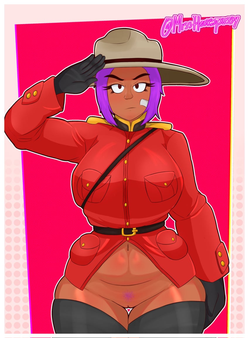 1girls belt big_breasts brawl_stars breasts buttons female gloves hat looking_at_viewer medium_hair missheekapussy navel pubic_hair purple_hair pussy red_eyes red_shirt salute shelly_(brawl_stars) shirt solo standing thick_thighs thigh_gap thighhighs thighs tommykitten