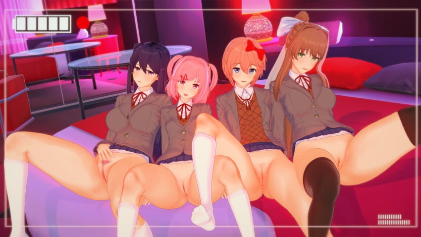 3d 4girls anus bedroom black_legwear blue_eyes blush bottomless brown_hair doki_doki_literature_club green_eyes human human_only koikatsu light-skinned_female light_skin looking_at_viewer monika_(doki_doki_literature_club) natsuki_(doki_doki_literature_club) pink_eyes pink_hair pubic_hair purple_eyes purple_hair pussy sayori_(doki_doki_literature_club) sitting_on_bed tongue_out white_legwear yuri_(doki_doki_literature_club) yurikatsu13