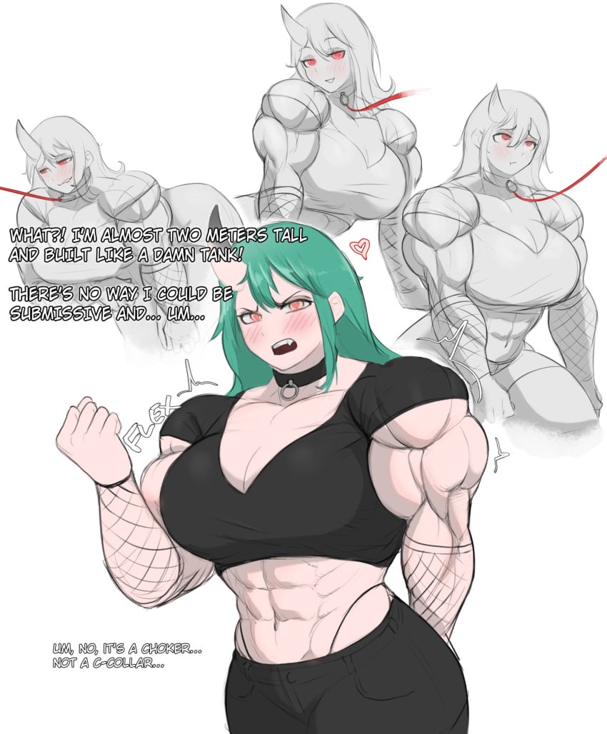 abs alternate_muscle_size amber_eyes angry arknights blush bodybuilder cleavage collar color colored denial english english_text fangs fantasizing flustered full_color green_hair heart-shaped_pupils horn horned_female hoshiguma_(arknights) huge_breasts large_breasts larger_female leash leash_and_collar leash_pull leashed_collar looking_at_viewer muscle_girl muscular_female oni oni_female oni_horns single_fang submissive_female talking_to_viewer taller_girl text whale_tail zeph505