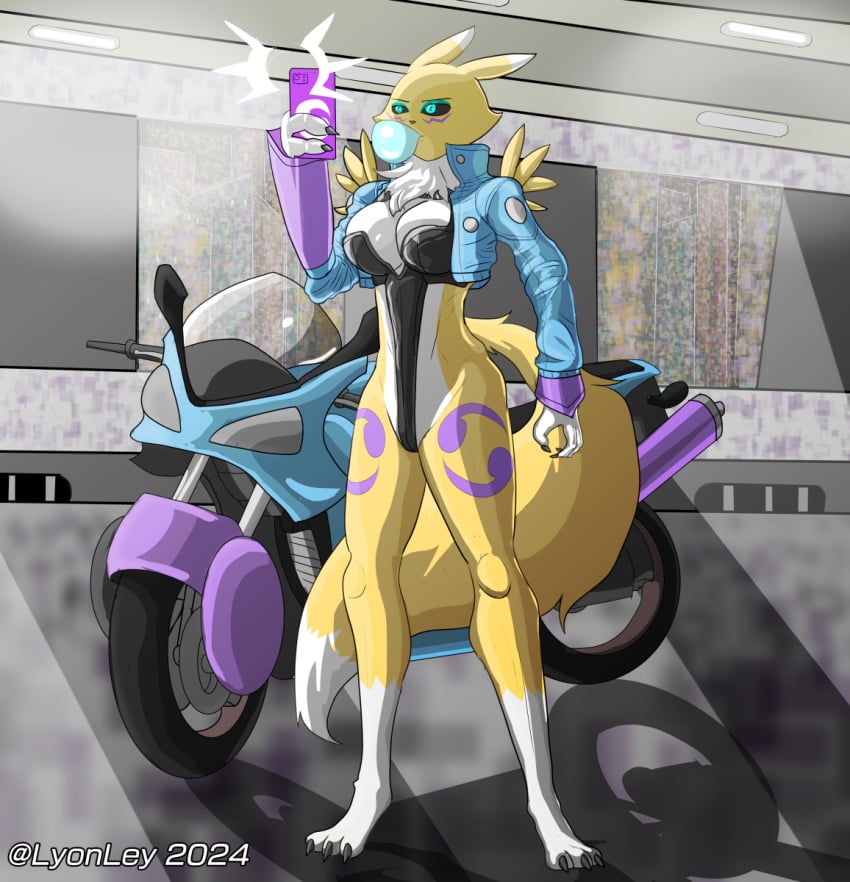 anthro bandai_namco bare_legs bikini_thong blue_clothing blue_eyes blue_jacket blue_topwear breasts canid canine cellphone clothed clothing dark_eyes detailed_background digimon digimon_(species) electronics female fox fur hi_res jacket lights lyonley mammal markings medium_breasts mostly_nude motorcycle partially_clothed phone purple_markings renamon smartphone solo swimwear topwear vehicle white_body white_fur yellow_body yellow_fur