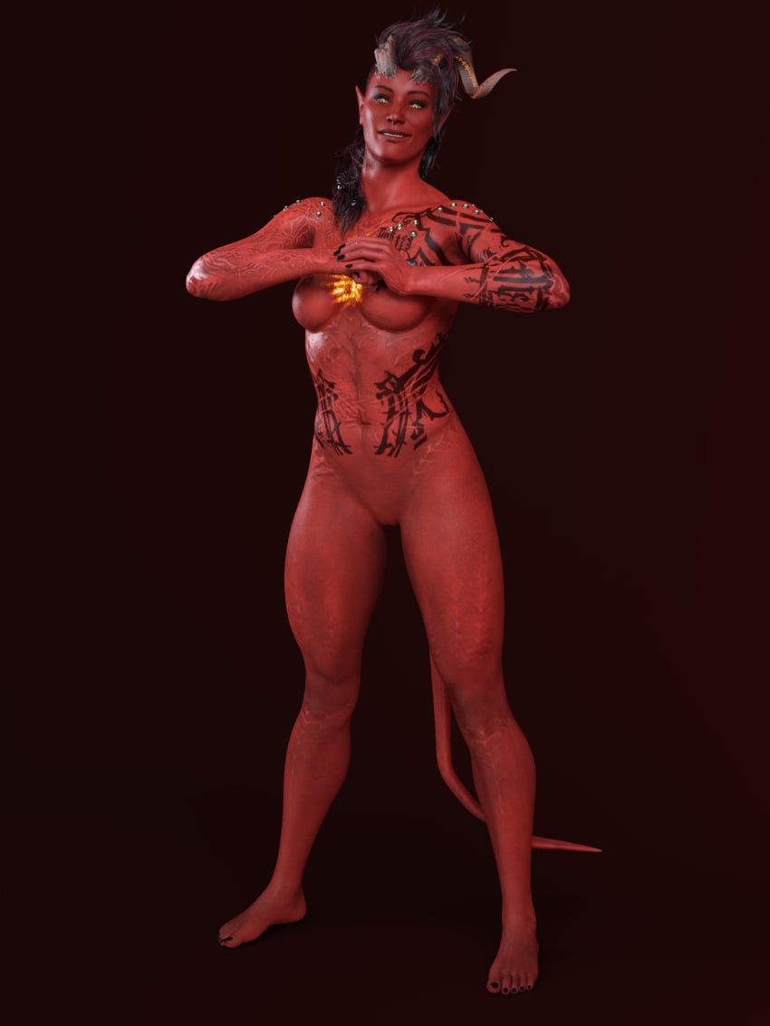 1girls 3d baldur's_gate baldur's_gate_3 breasts completely_nude completely_nude_female dungeons_and_dragons hi_res horns karlach medium_breasts naked naked_female nipples nude nude_female pussy red_body red_nipples red_skin shaved_pussy tail tattoo tattooed_arm tattoos tiefling vagina yellow_eyes zeneox