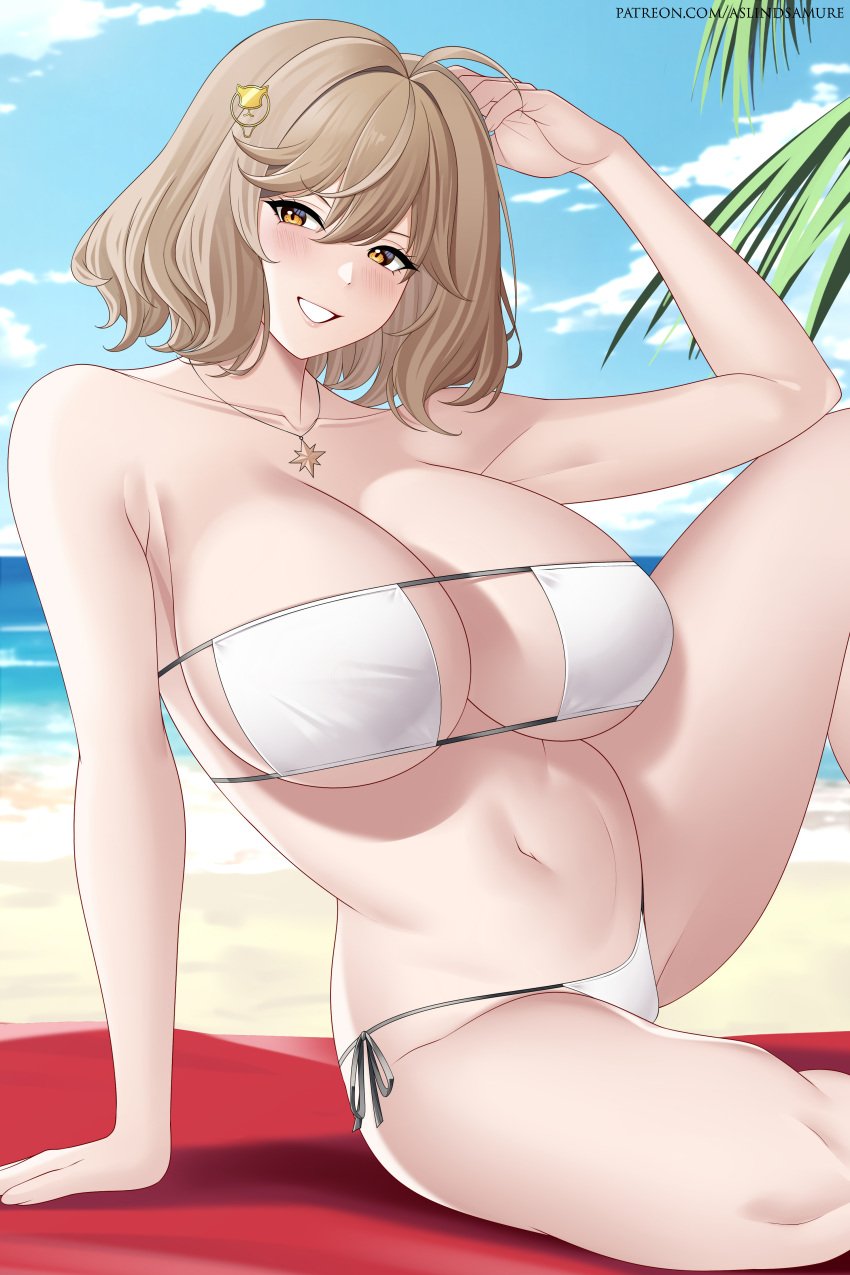 absurdres anis_(nikke) anis_(sparkling_summer)_(nikke) aslindsamure beach bikini breasts brown_hair eyepatch_bikini eyewear_on_head female glasses goddess_of_victory:_nikke highres huge_breasts jewelry large_breasts navel necklace ocean official_alternate_costume short_hair smile solo string_bikini swimsuit towel white_bikini