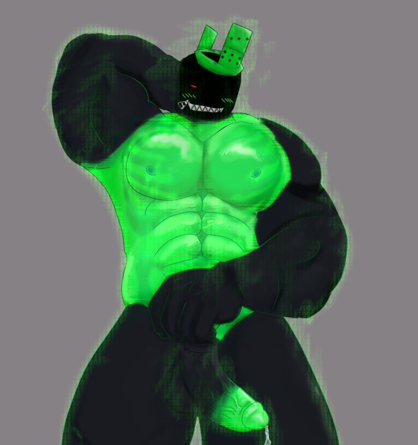 1boy 1x1x1x1 aura beefy black_body black_bone black_penis crown domino_crown gay green_aura green_blush green_crown green_nipples green_precum green_tip grey_background hand_behind_head male male_only man.let.ermm muscular muscular_male precum precum_drip precum_string red_eyes roblox roblox_avatar roblox_myth robloxian see-through_body visible_bone visible_skeleton zipper zipper_mouth