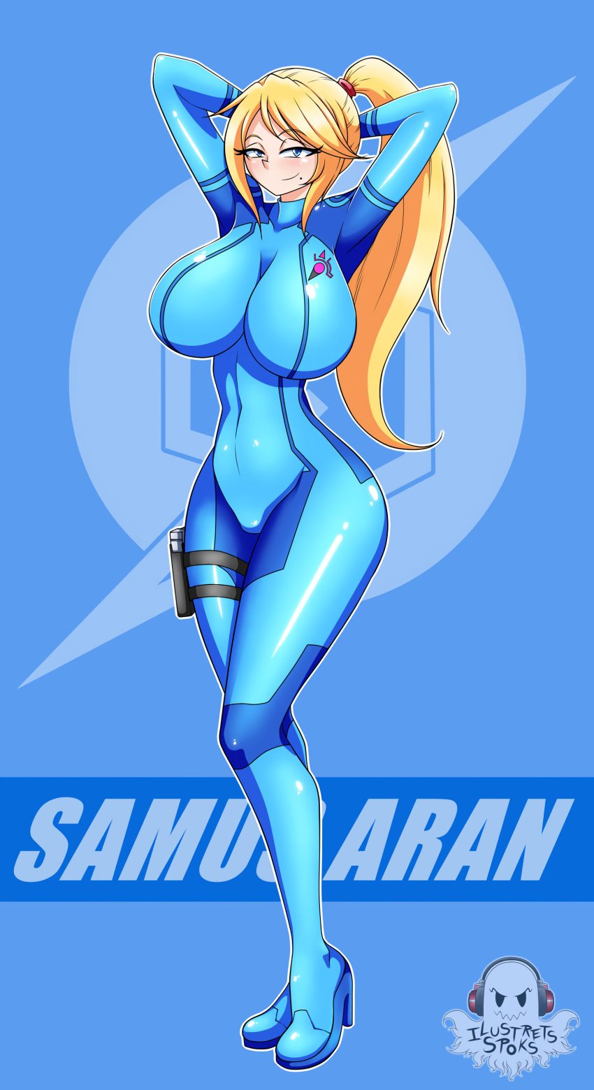 absurd_res arms_up big_breasts blonde_hair blue_eyes breasts cameltoe curvy fully_clothed holster ilustretsspoks looking_at_viewer metroid nintendo ponytail samus_aran zero_suit_samus