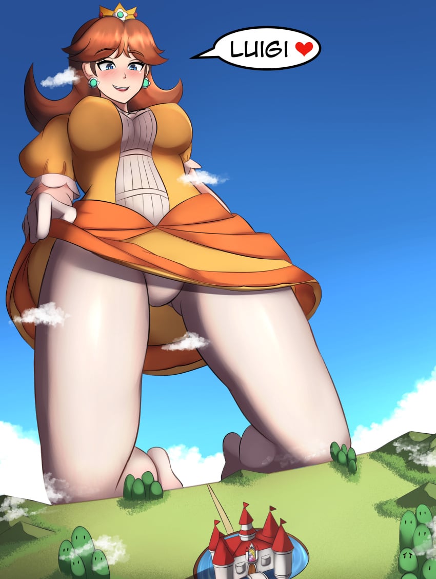 1girls blue_eyes blue_sky breasts brown_hair castle charlydibulol clothing clouds crown dialogue female female_only giant giantess gigantic_breasts gloves grass heart huge_breasts human large_breasts lifting_dress light-skinned_female light_skin looking_down mario_(series) massive_breasts nintendo open_mouth orange_dress outdoors princess princess_daisy pussy pussy_peek royalty smile solo solo_female text voluptuous voluptuous_female white_gloves