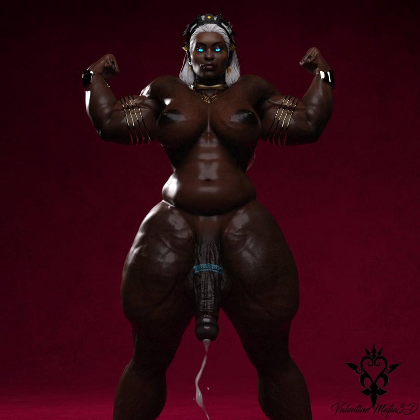 1futa 3d 3d_(artwork) african big_breasts blue_eyes breasts cum cum_drip dark-skinned_futanari dark_skin flexing flexing_bicep futa_only glowing_eyes huge_cock marvel marvel_rivals muscular muscular_futanari nipples nude penis solo solo_futa storm_(x-men) valentine_mafia3d veiny_penis white_hair x-men