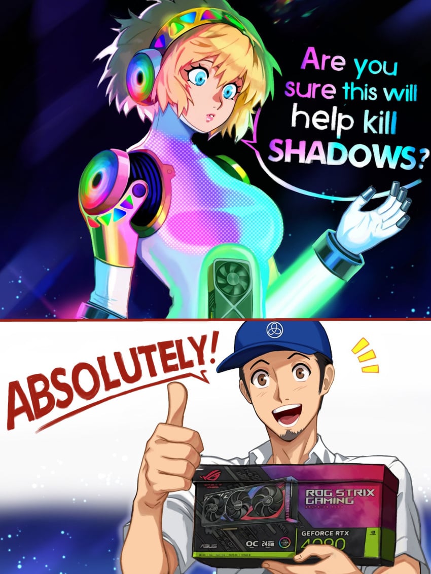 1boy 1boy1girl 1girls 2024 aigis_(persona) blonde_hair blue_eyes dialogue english_text female graphics_card junpei_iori male neggoartz persona persona_3 rgb_lighting rgb_lights sfw speech_bubble surprised thumbs_up