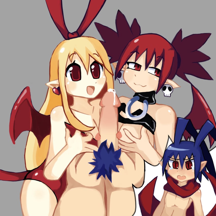 1boy 2girls big_penis blonde_hair blue_hair blush boobjob chest clothing disgaea double_naizuri double_paizuri etna ffm_threesome flonne gino_jace hand_on_breast laharl looking_at_partner naizuri penis precum pubic_hair red_eyes red_hair sex small_breasts threesome titjob